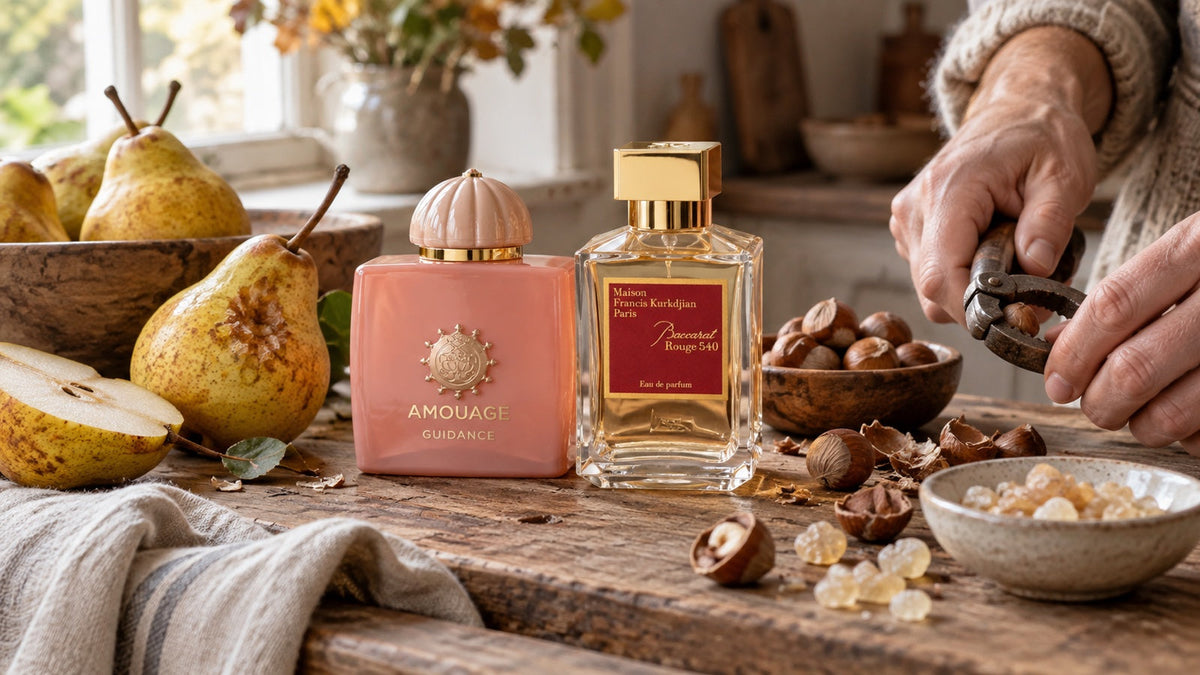 Amouage Guidance a Baccarat Rouge 540 s hruškami a lískovými oříšky