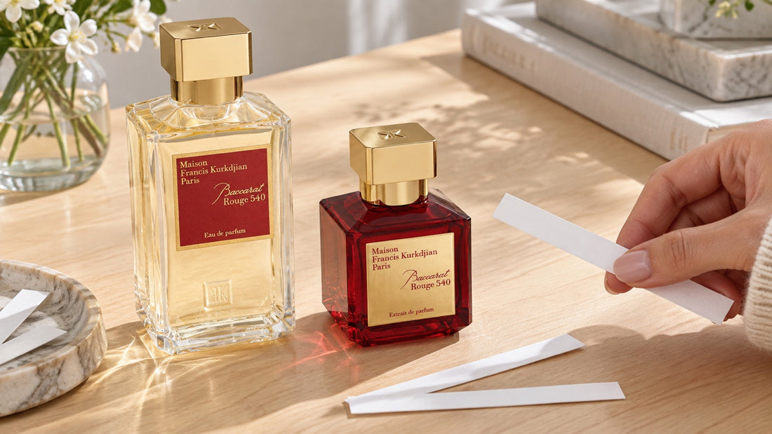 Flakony Baccarat Rouge 540 Eau de Parfum i Extrait de Parfum w miękkim świetle dziennym.