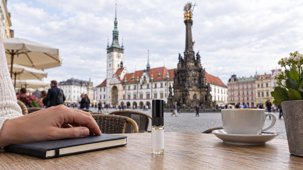 Parfémový vzorek na kavárenském stole s olomouckým Horním náměstím v pozadí.