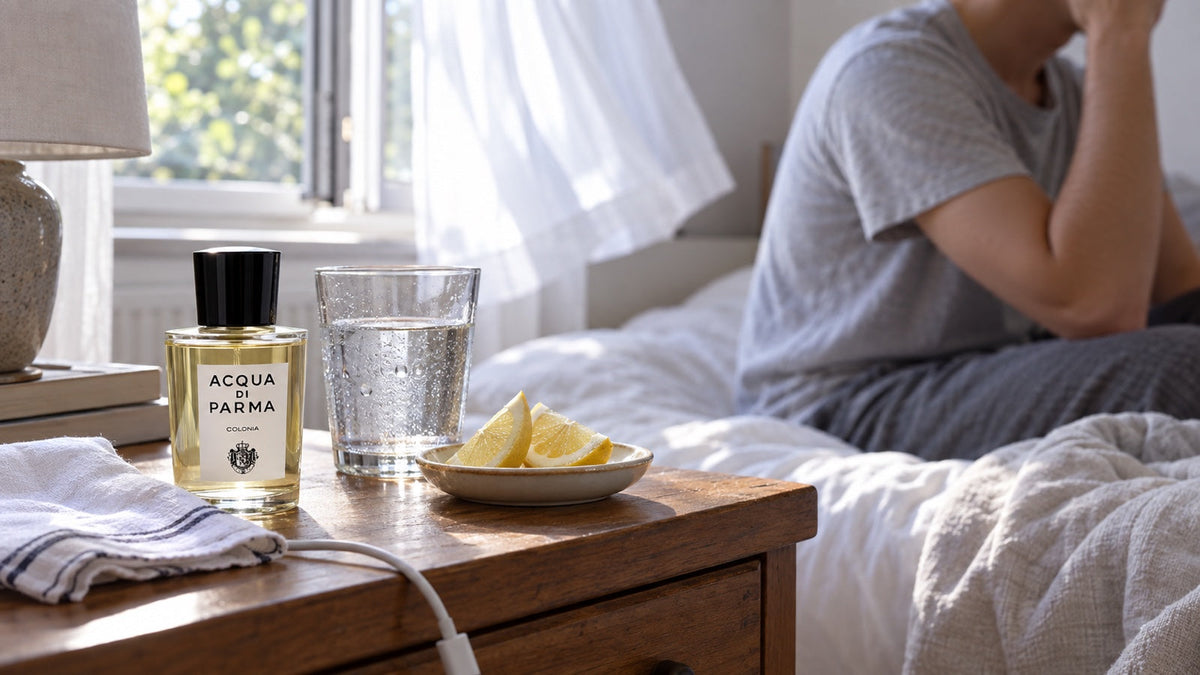 Acqua di Parma Colonia na nočním stolku se sklenicí vody u otevřeného okna