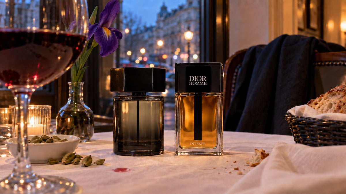La Nuit de l'Homme a Dior Homme Intense na stole v restauraci
