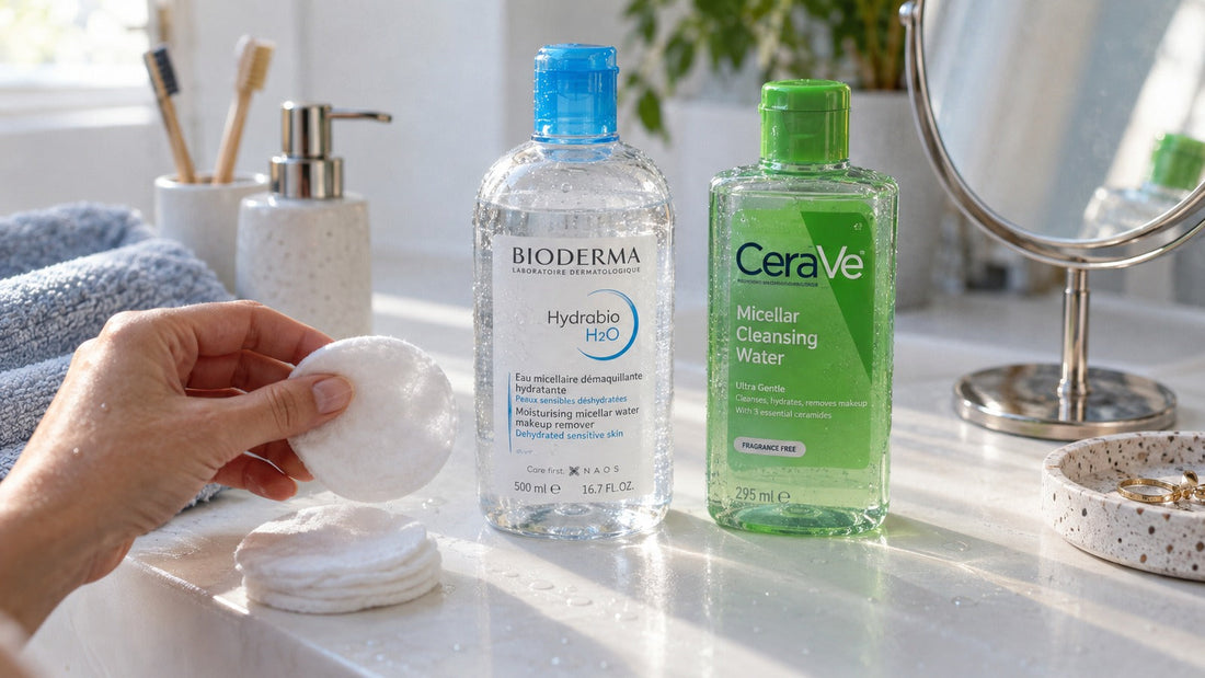 Micelární vody Bioderma a CeraVe s vatovými tampony na koupelnovém pultu