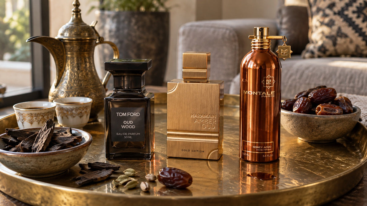 Oud Wood, Amber Oud Gold a Honey Aoud na mosazném podnosu s agarovým dřevem