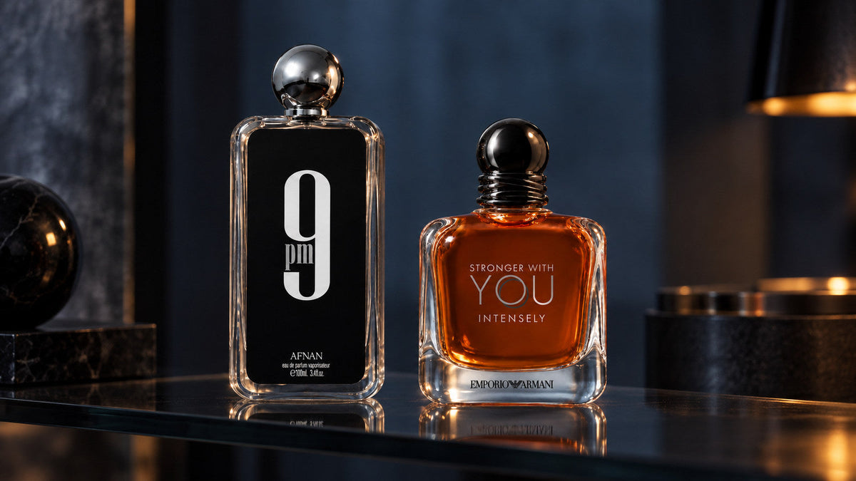 Afnan 9PM a Armani Stronger With You Intensely v tmavém studiu