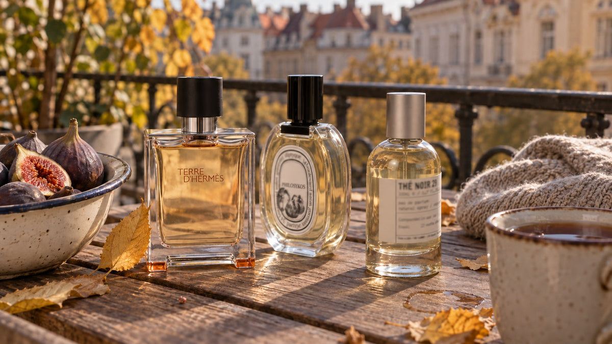 Terre d'Hermès, Diptyque Philosykos a Le Labo Thé Noir 29 na podzimním balkoně s fíky