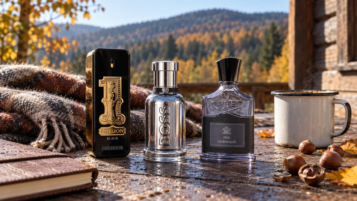 Pánské podzimní novinky 1 Million Black, Boss Bottled Beyond Intense a Iris Debonair na chatě v Beskydech.