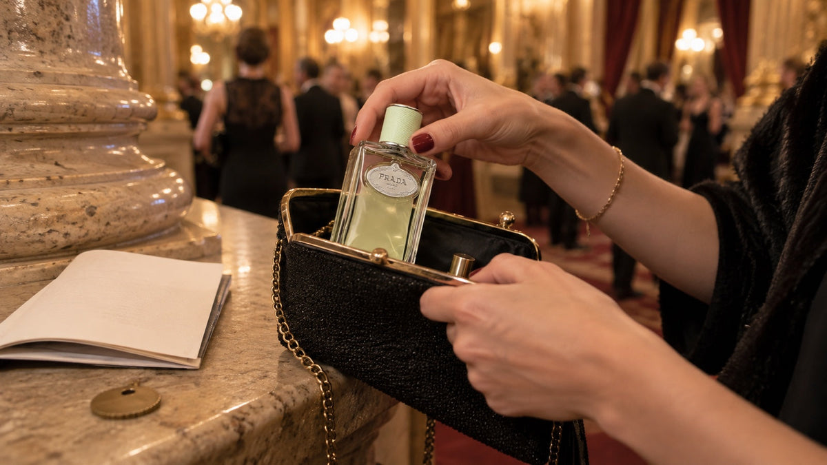 Prada Infusion d'Iris do kabelky ve foyer divadla