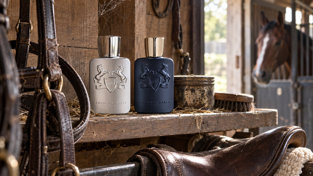 Parfums de Marly Pegasus a Layton v sedlovně stáje, v pozadí kůň