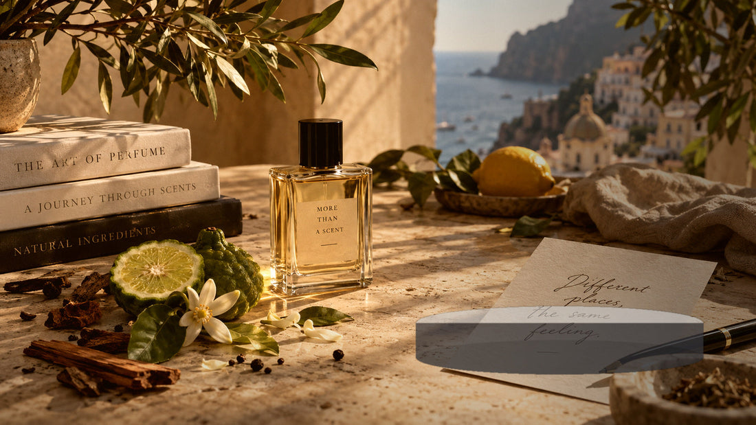 Skutočný flakón parfumu v prirodzenom jesennom prostredí