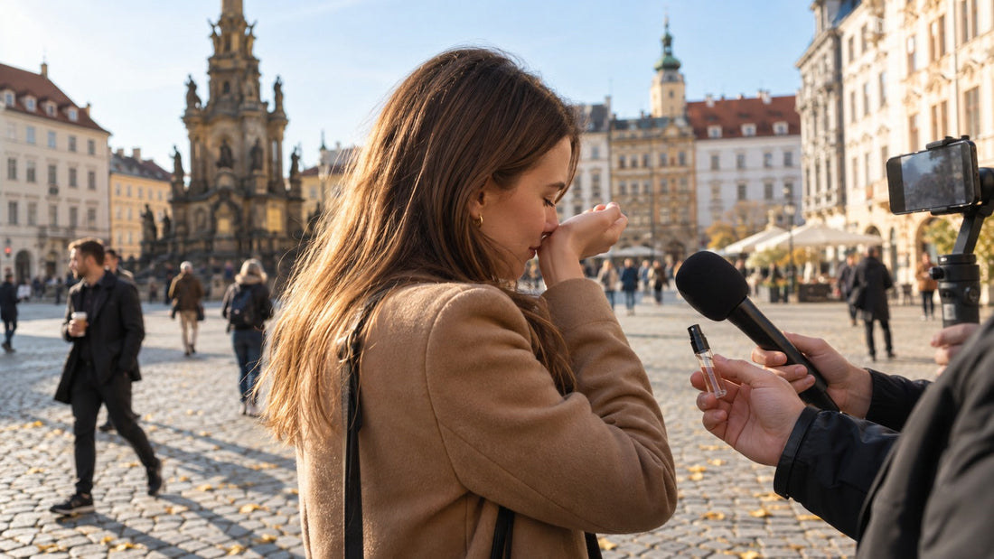Pouliční anketa MrRizz na Horním náměstí v Olomouci, žena voní ke vzorku parfému.