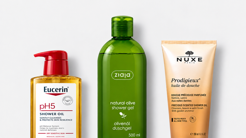 Koupel — Eucerin pH5 Shower Oil 400 ml, Ziaja Natural Olive Sprchový gel 500 ml, NUXE Prodigieux 200 ml; tři produkty na světlém šedém pozadí