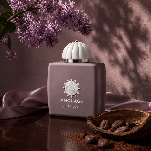Amouage Lilac Love v pudrovém šeříkovém zátiší s kakaem a jemným saténem – MrRizz