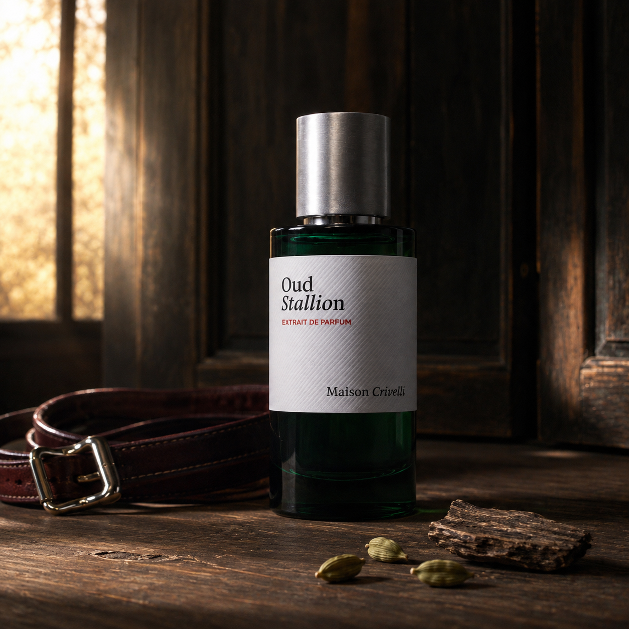 Maison Crivelli Oud Stallion v tmavém koženém zátiší s cedrem a kardamomem – MrRizz