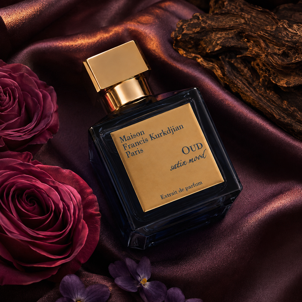 Oud Satin Mood Extrait v švestkovém saténu s růží a fialkami – MrRizz