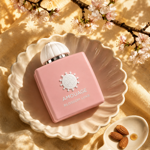 Amouage Blossom Love v jarním zátiší s třešňovými květy a mandlemi – MrRizz