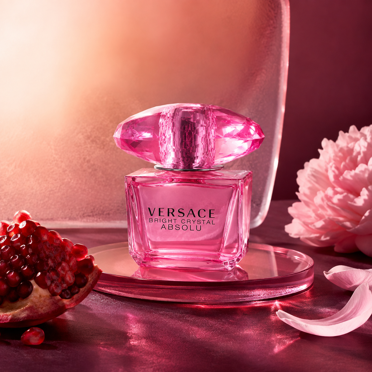 Versace Bright Crystal Absolu v růžovém skleněném zátiší s granátovým jablkem – MrRizz