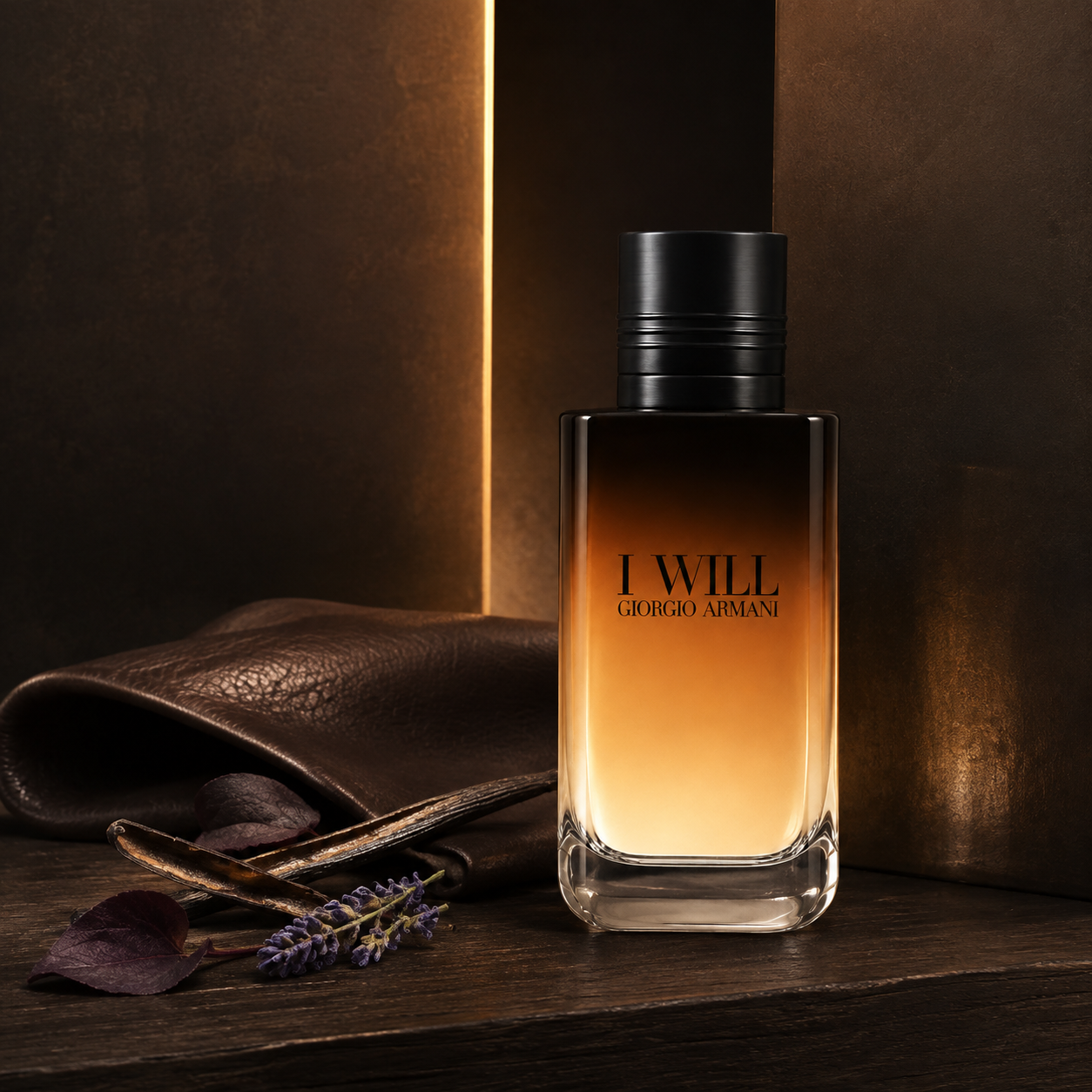 Giorgio Armani I Will v tmavém koženém zátiší s vanilkou – MrRizz