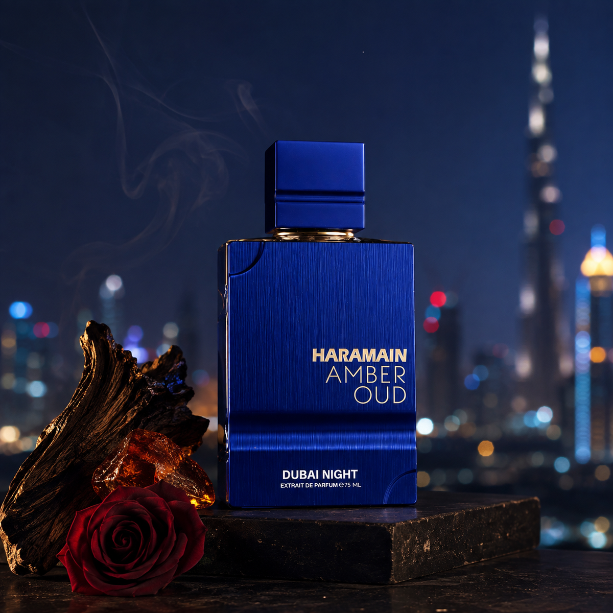 Emocionální vizuál parfému Al Haramain Amber Oud Dubai Night Extrait nad nočním městem – MrRizz