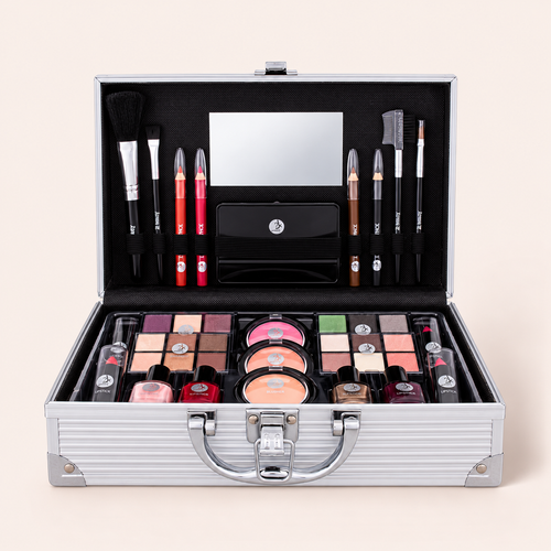 2K Fabulous Beauty Train Case, otevřený stříbrný kosmetický kufřík s líčidly – MrRizz
