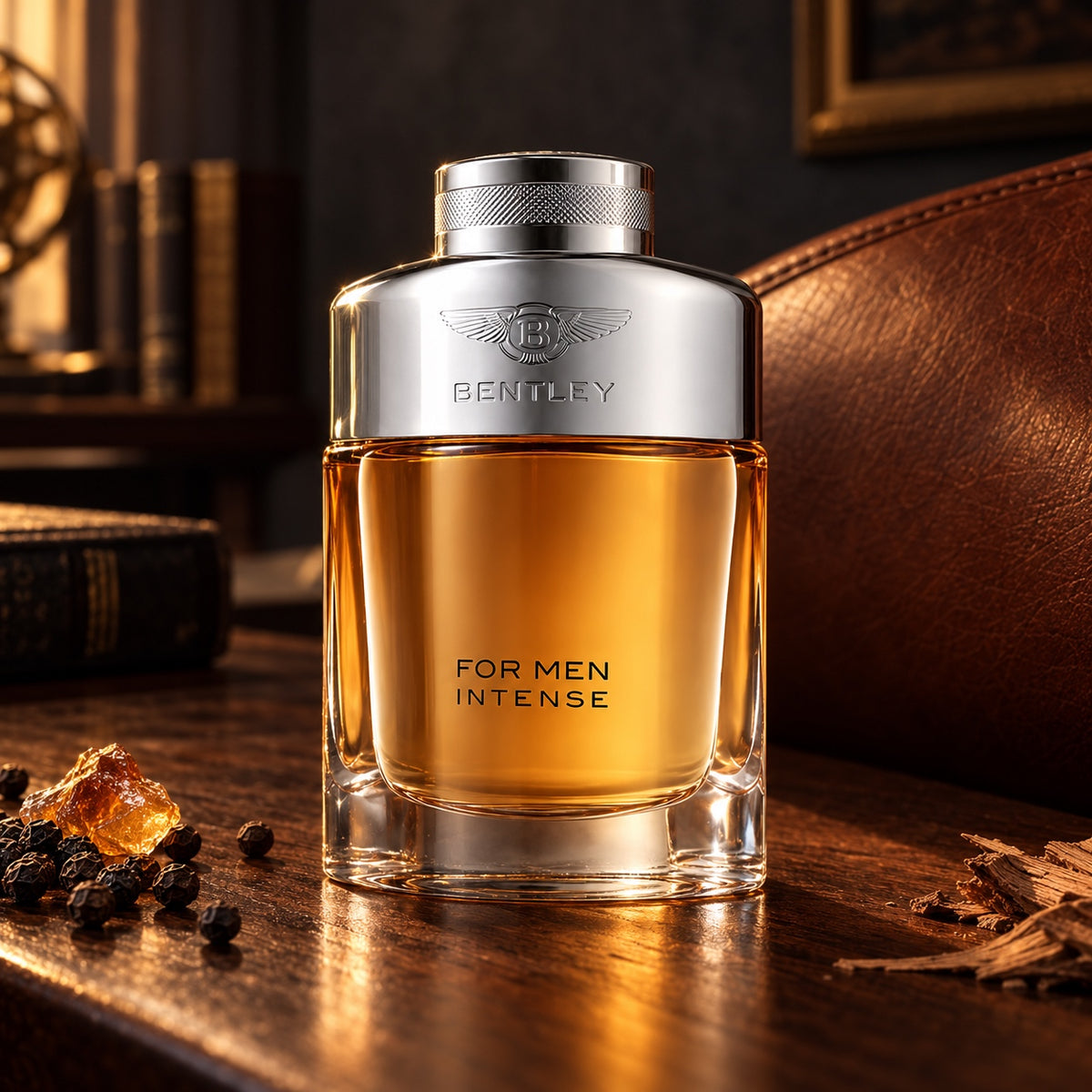 Bentley For Men Intense EDP 100 ml ve večerním zátiší s kůží, pepřem a cedrovým dřevem – MrRizz