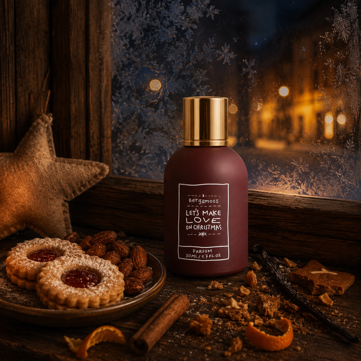 Bergamoss Let’s Make Love on Christmas – zimní zátiší s lineckým cukrovím, mandlemi, skořicí a vanilkou