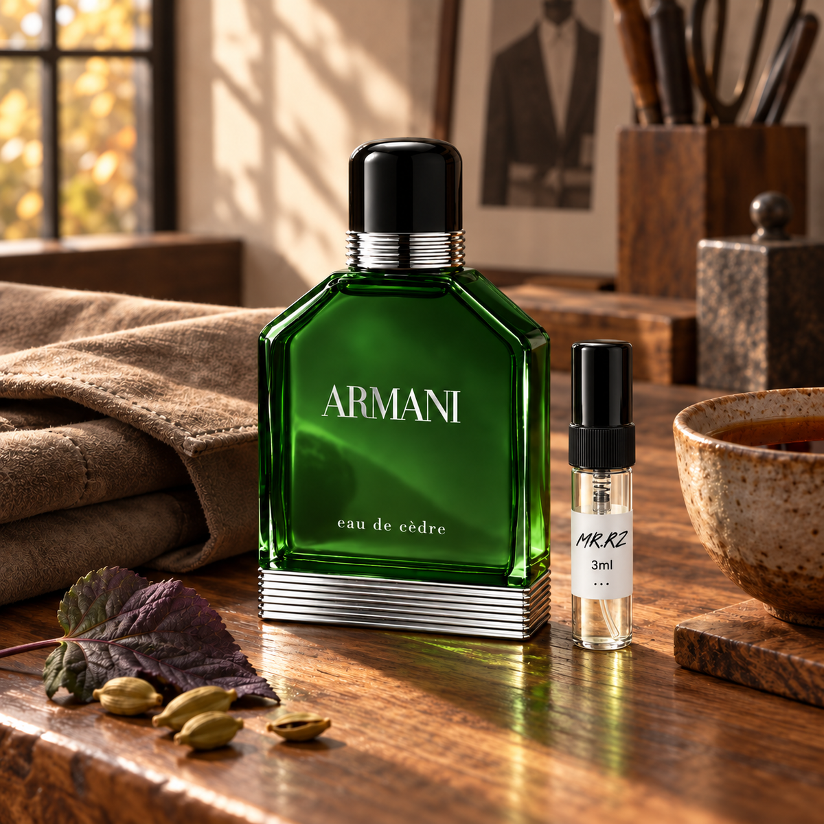 Giorgio Armani Eau de Cèdre EDT – původní prostředí s lahvičkou vzorku MrRizz
