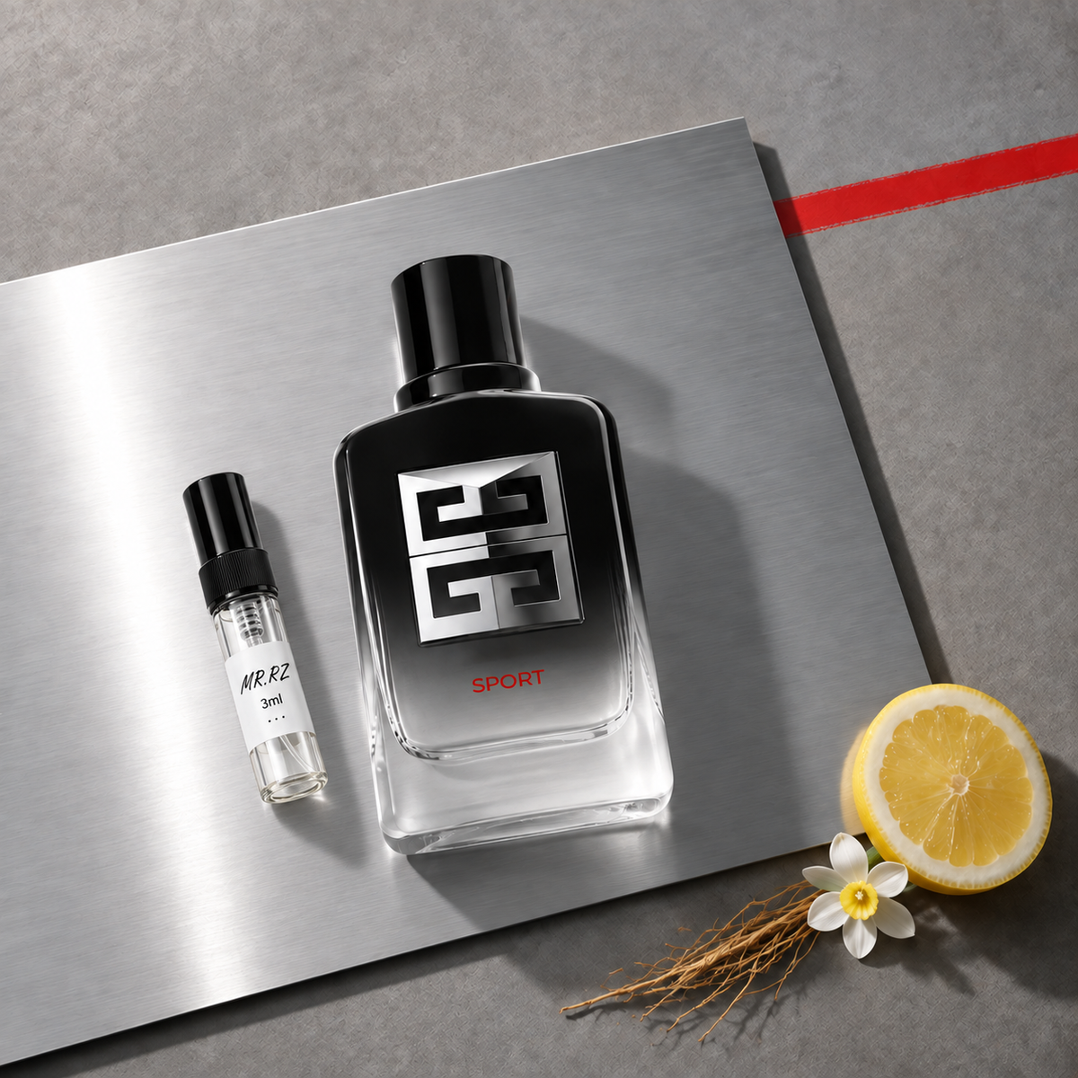 Givenchy Gentleman Society Sport – původní prostředí s lahvičkou vzorku MrRizz