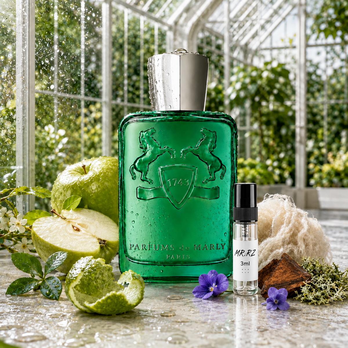 Parfums de Marly Greenley a vzorek MrRizz ve svěžím zeleném zátiší