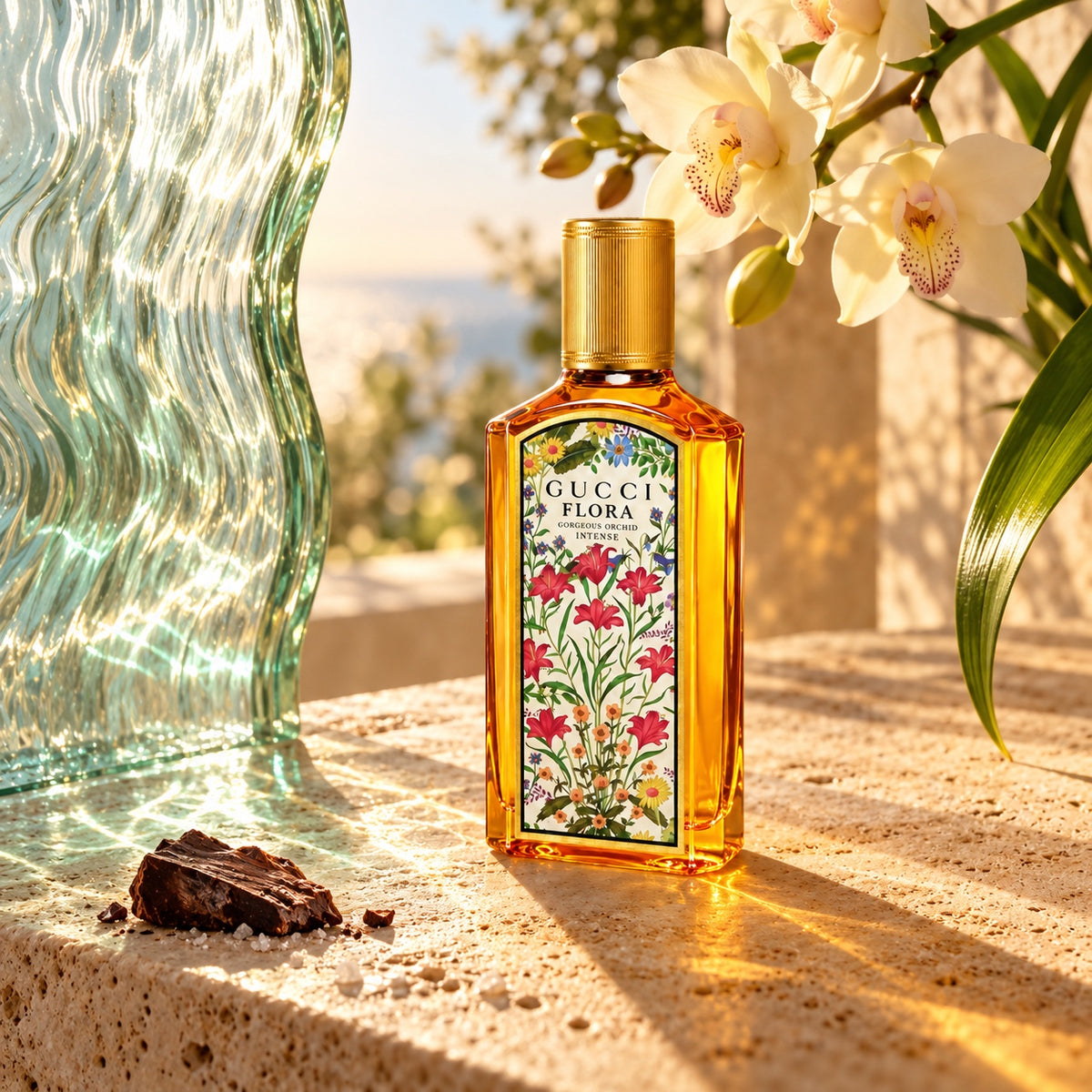 Gucci Flora Gorgeous Orchid Intense EDP 100 ml v prosluněném zátiší s orchidejí a kakaem – MrRizz