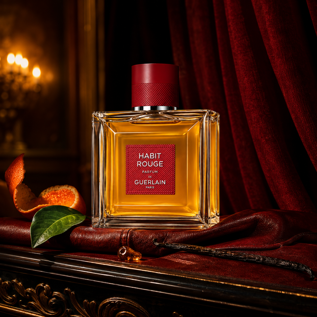 Guerlain Habit Rouge Parfum v emocionální scéně s červenou kůží, mandarinkou a vanilkou – MrRizz