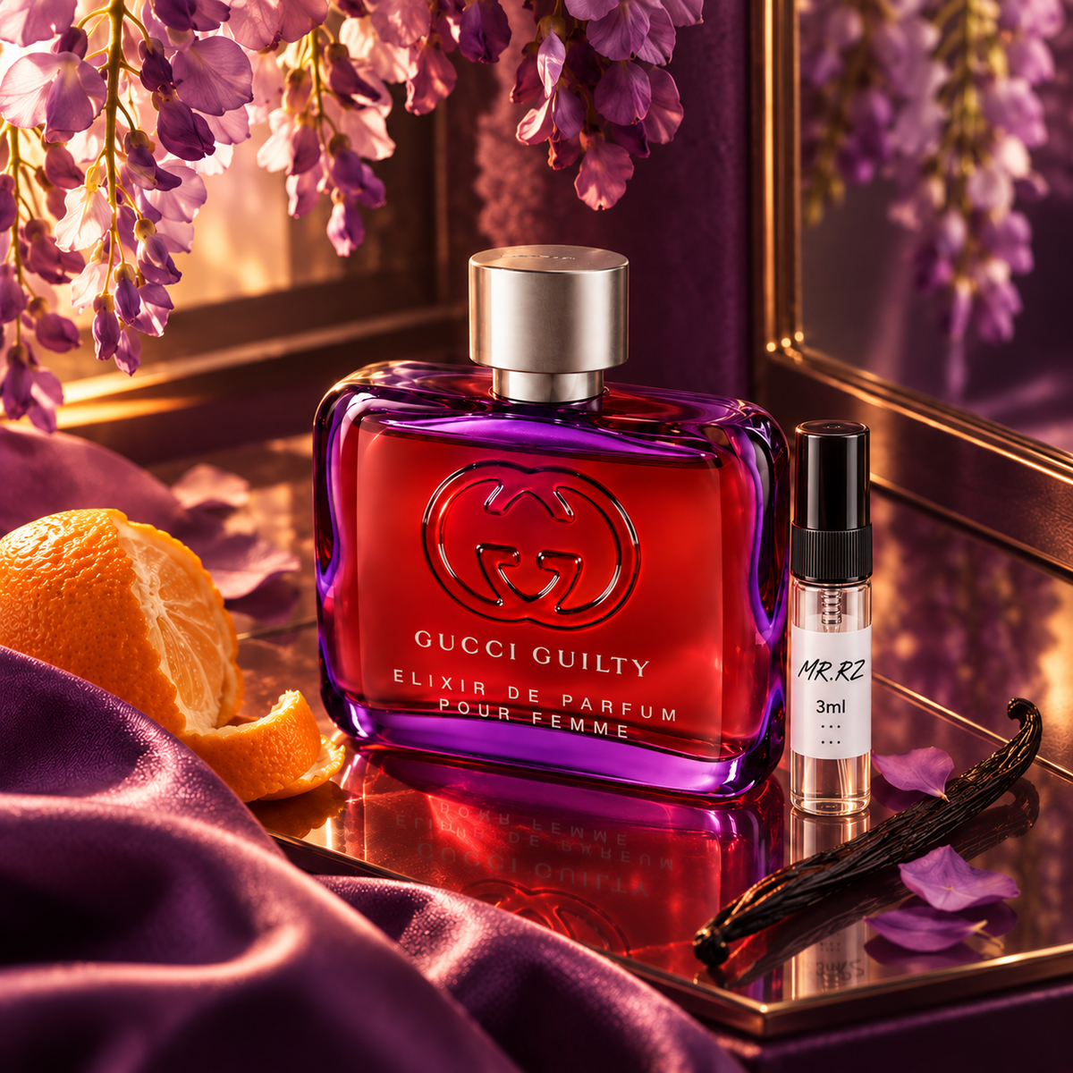 Gucci Guilty Elixir de Parfum pour Femme – původní prostředí s lahvičkou vzorku MrRizz