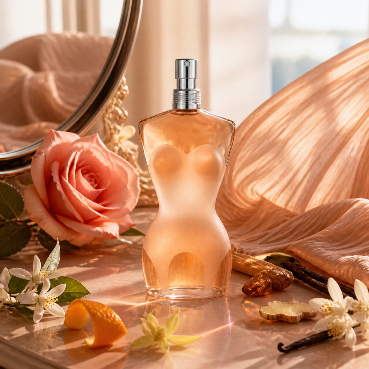Jean Paul Gaultier Classique EDT – květinová scéna v broskvovém světle – MrRizz
