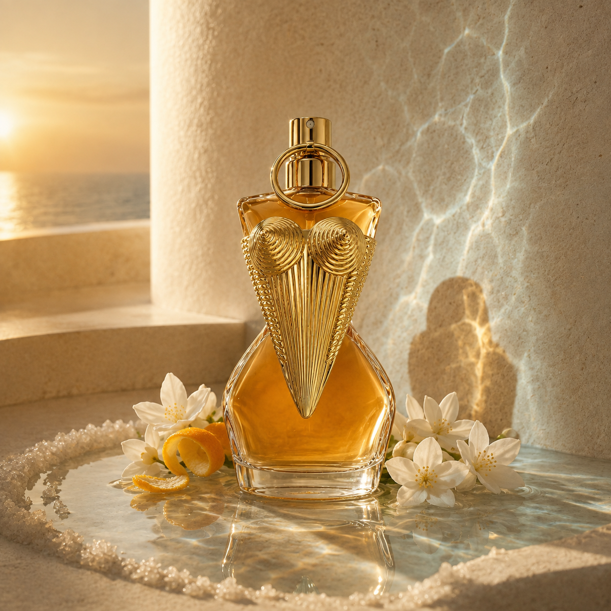 Jean Paul Gaultier Divine Le Parfum ve zlatém světle u moře s bílými květy a citrusovou kůrou – MrRizz
