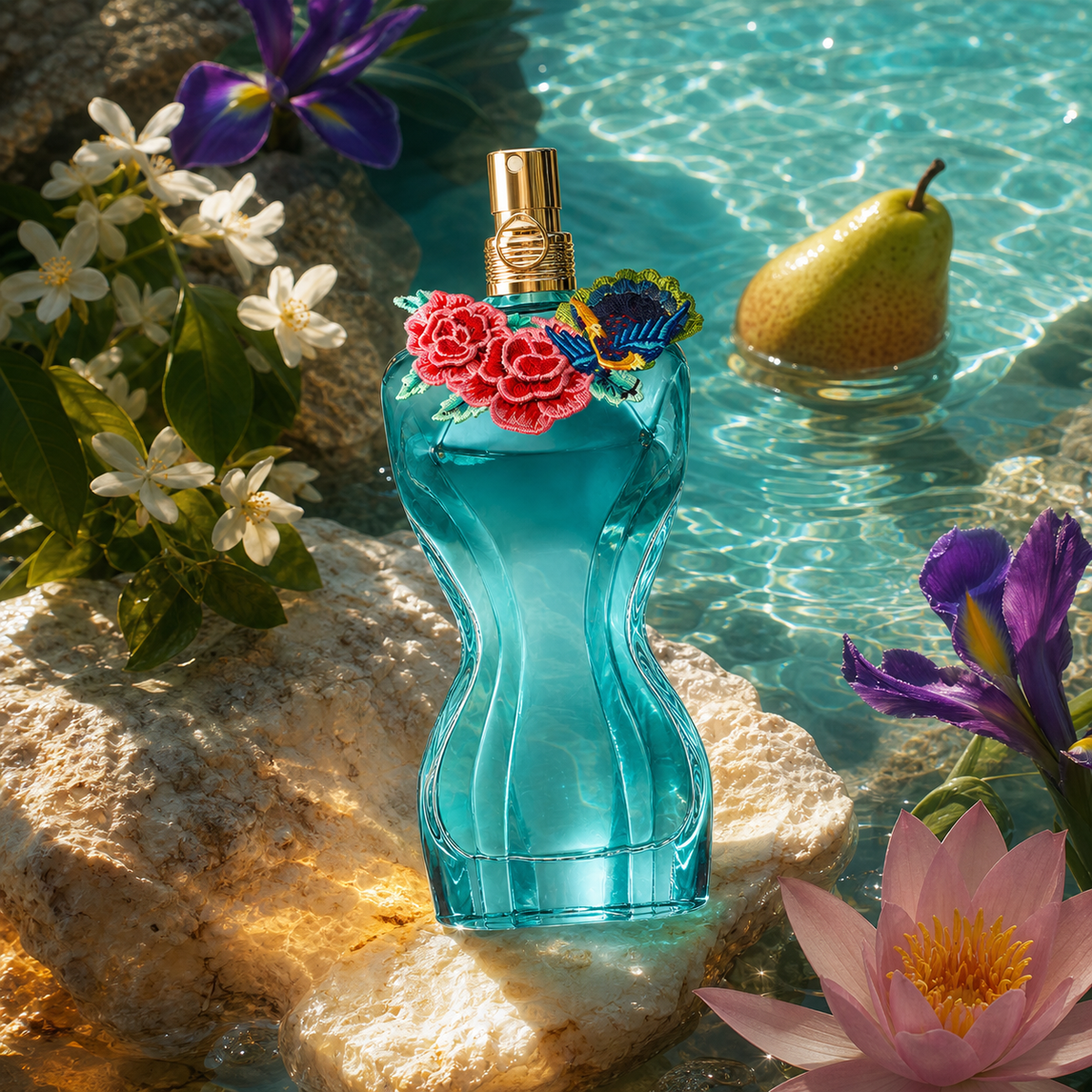 Jean Paul Gaultier La Belle Paradise Garden EDP na skále u tyrkysové vody s hruškou a květy – MrRizz