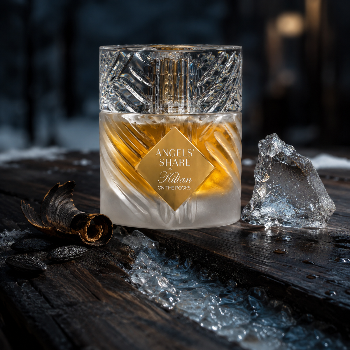Kilian Angels’ Share On The Rocks v emocionální zimní scéně s koňakem, ledem, tonkou a dubem – MrRizz