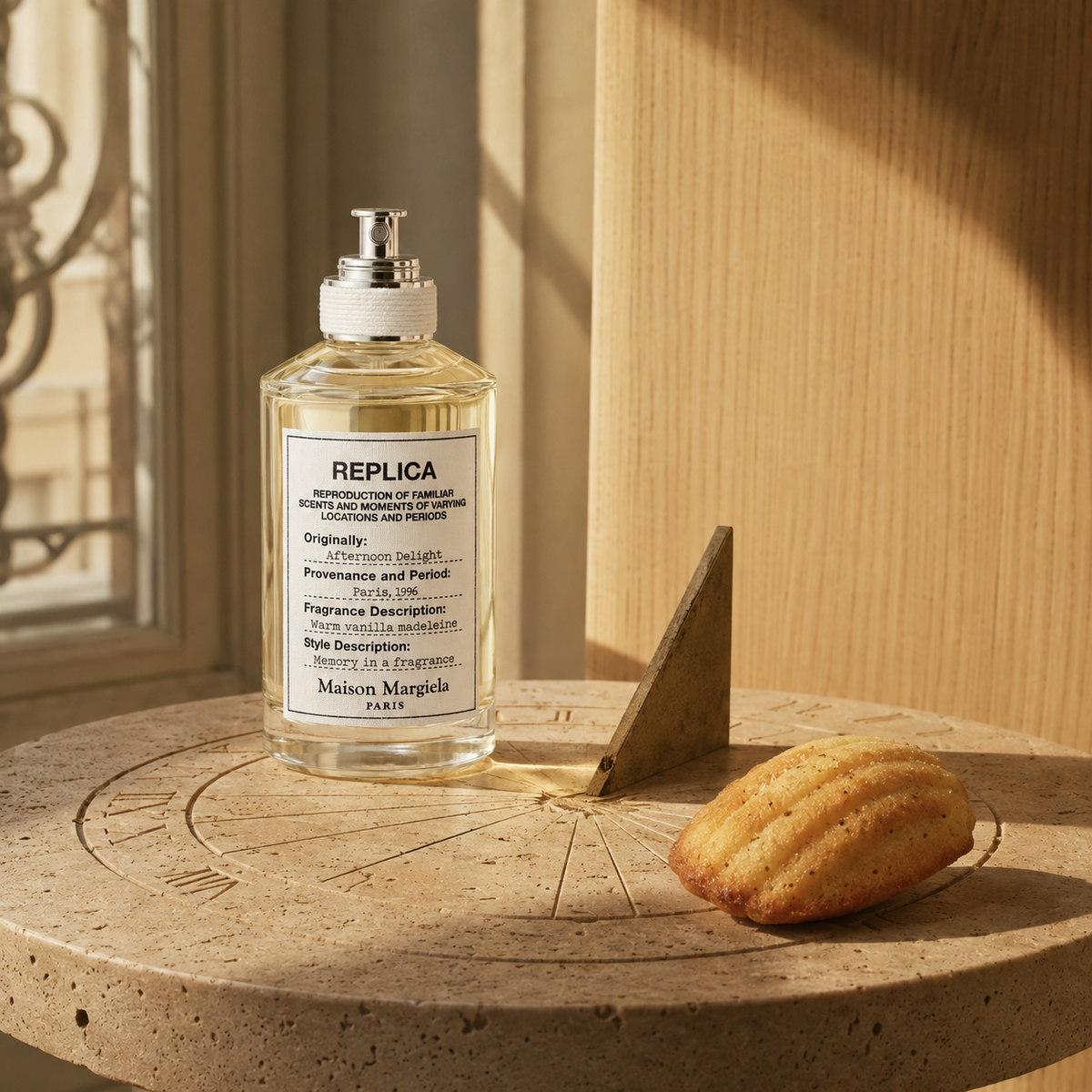 Maison Margiela Replica Afternoon Delight na kamenných slunečních hodinách u okna s madlenkou – MrRizz