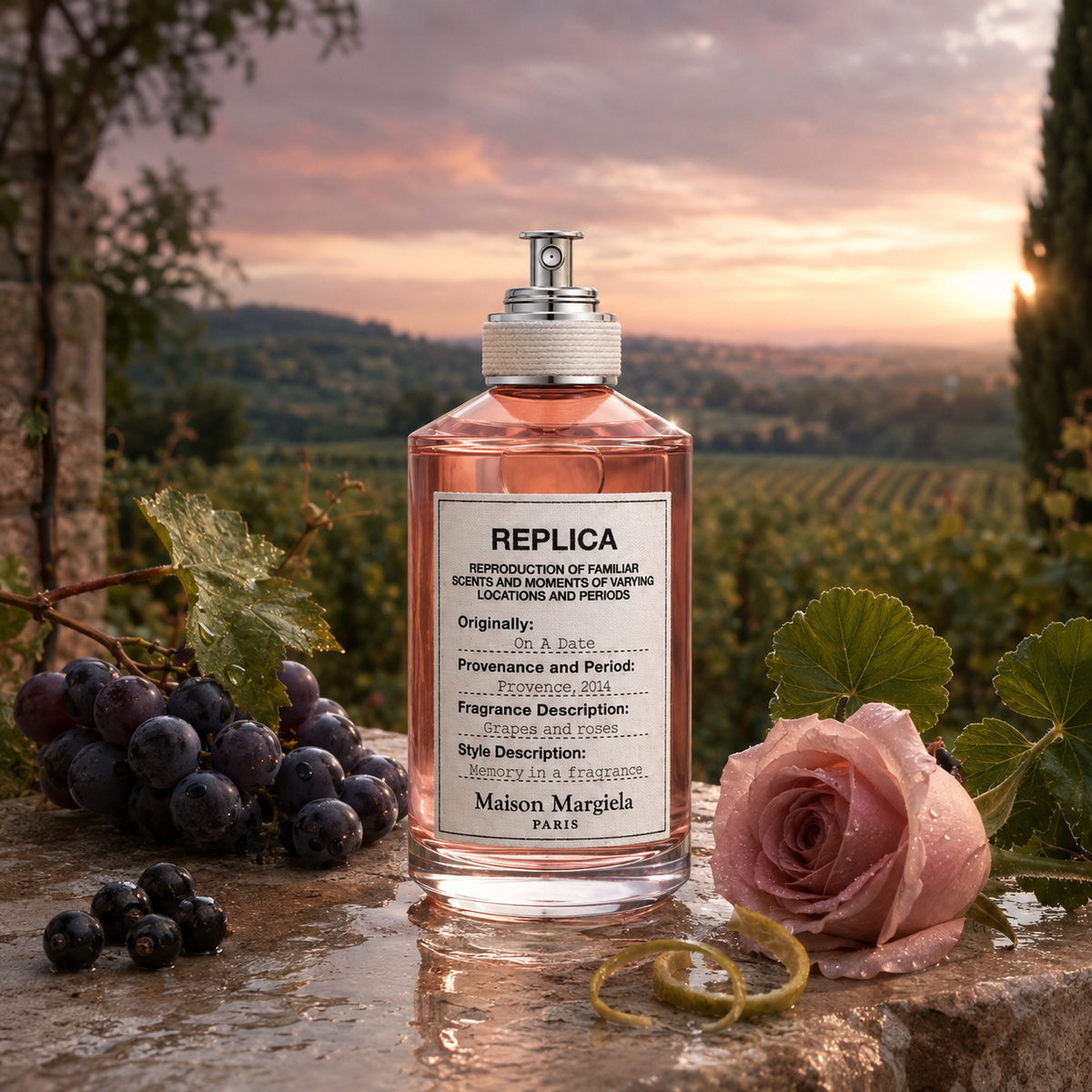 Emocionální vizuál parfému Maison Margiela Replica On A Date na provensálské vinici po dešti – MrRizz