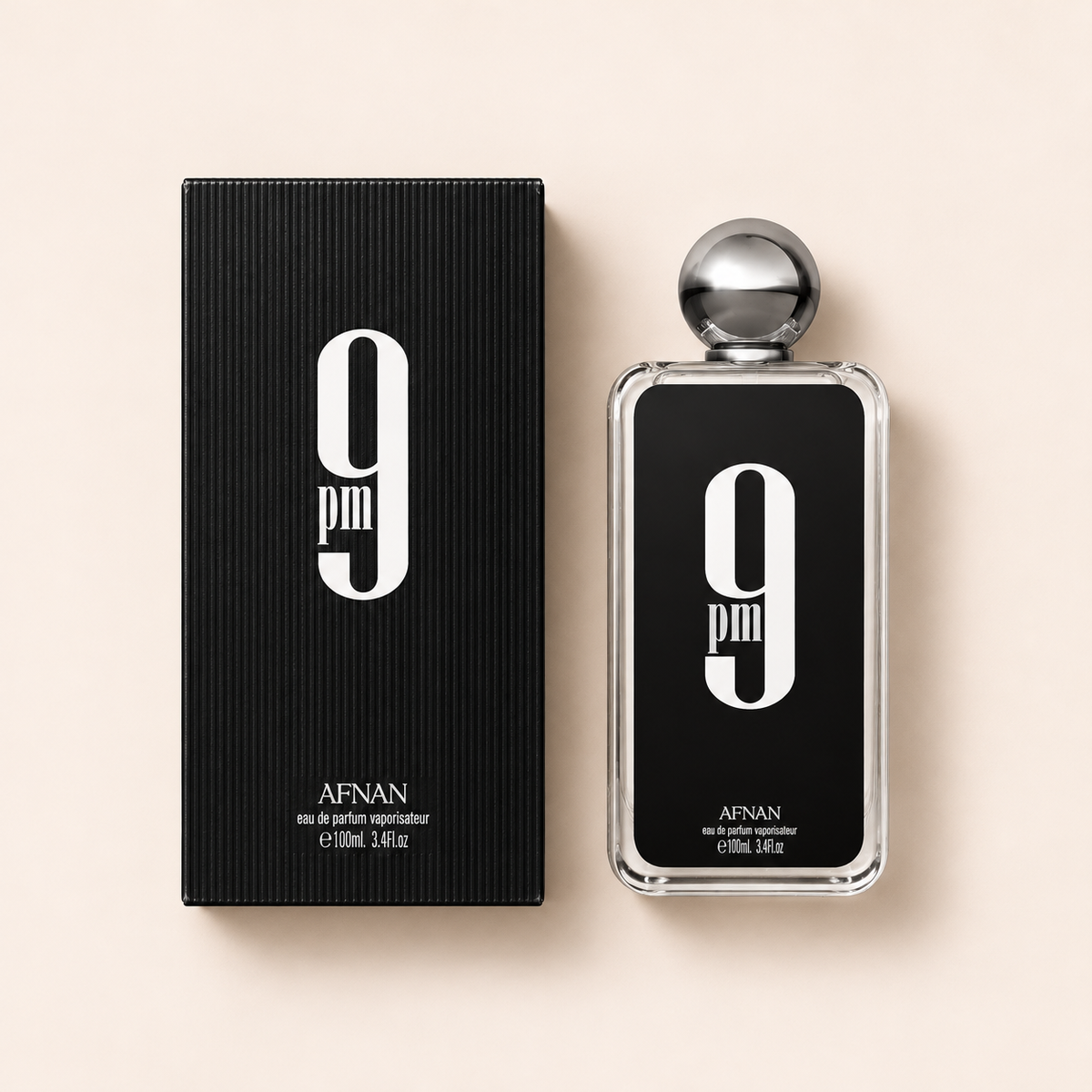 Afnan 9PM EDP 100 ml s originálním obalem na béžovém pozadí – MrRizz