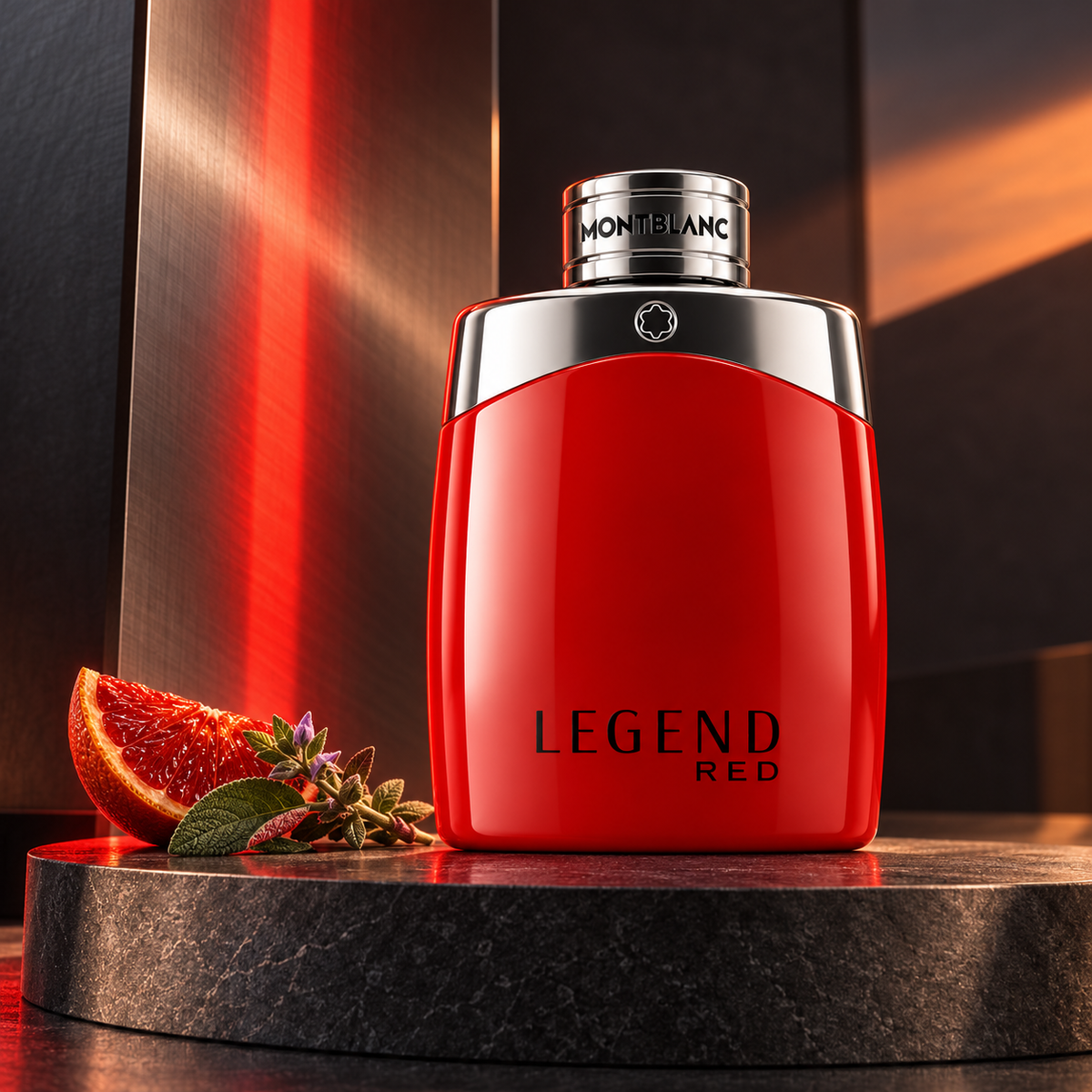 Montblanc Legend Red 200 ml v zátiší s krvavým pomerančem a šalvějí – MrRizz