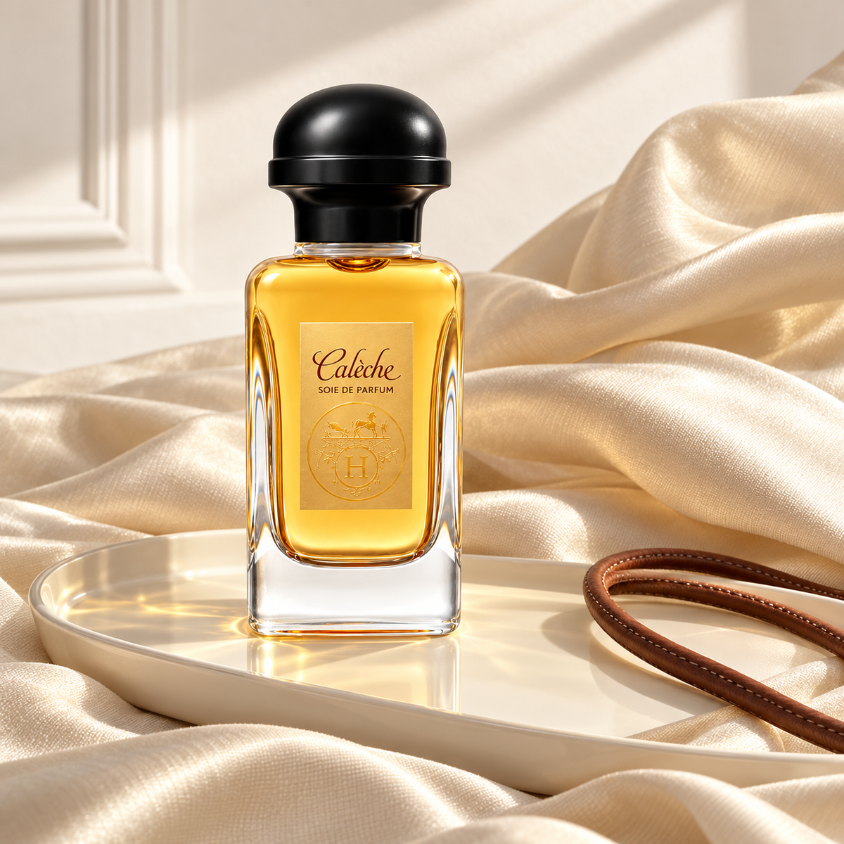 Hermès Calèche Soie de Parfum 50 ml v zátiší s hedvábím – MrRizz