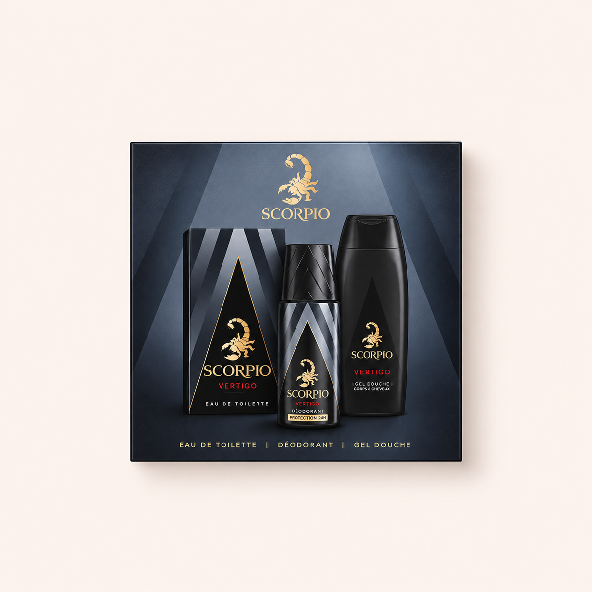 Scorpio Vertigo dárková sada EDT 75 ml + deodorant 150 ml + sprchový gel 250 ml – produktová fotografie MrRizz