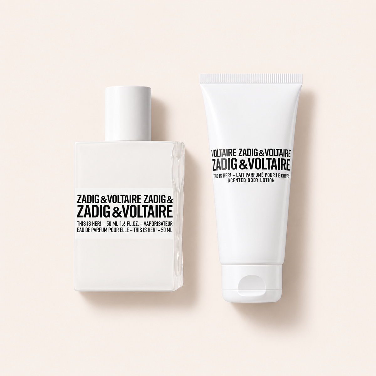 Zadig & Voltaire This is Her! dárková sada EDP 50 ml + tělové mléko 50 ml na béžovém pozadí – MrRizz