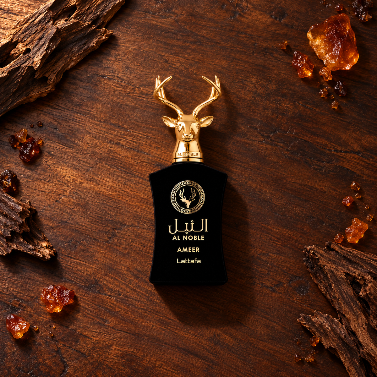 Lattafa Al Noble Ameer EDP 100 ml – parfém v prostředí, pohled shora s bočním stínem