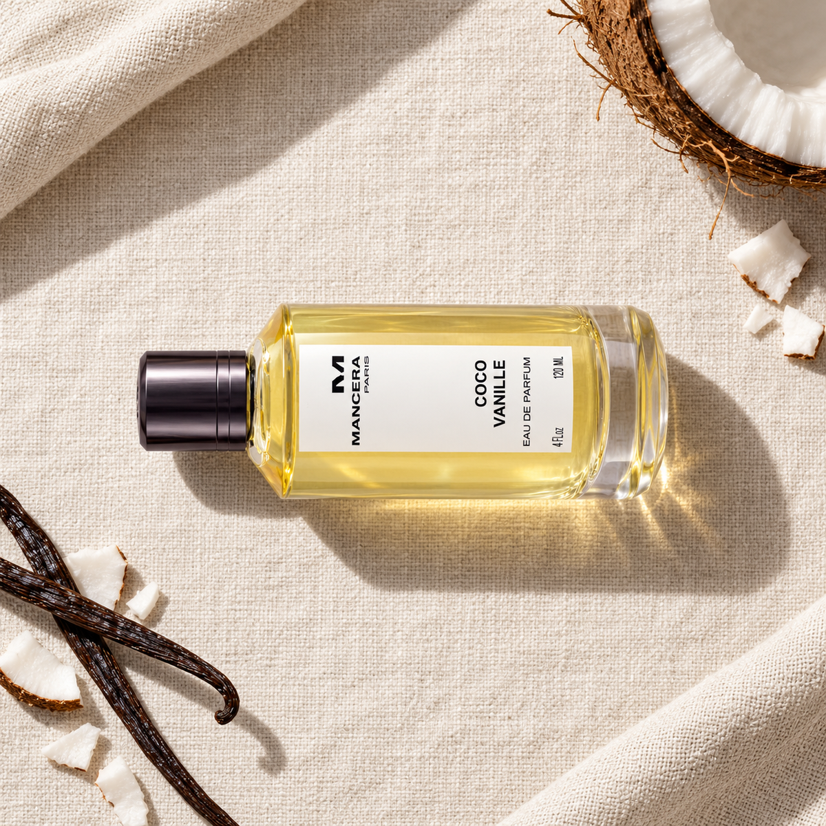 MANCERA Coco Vanille 120 ml – parfém v prostředí, pohled shora s bočním stínem