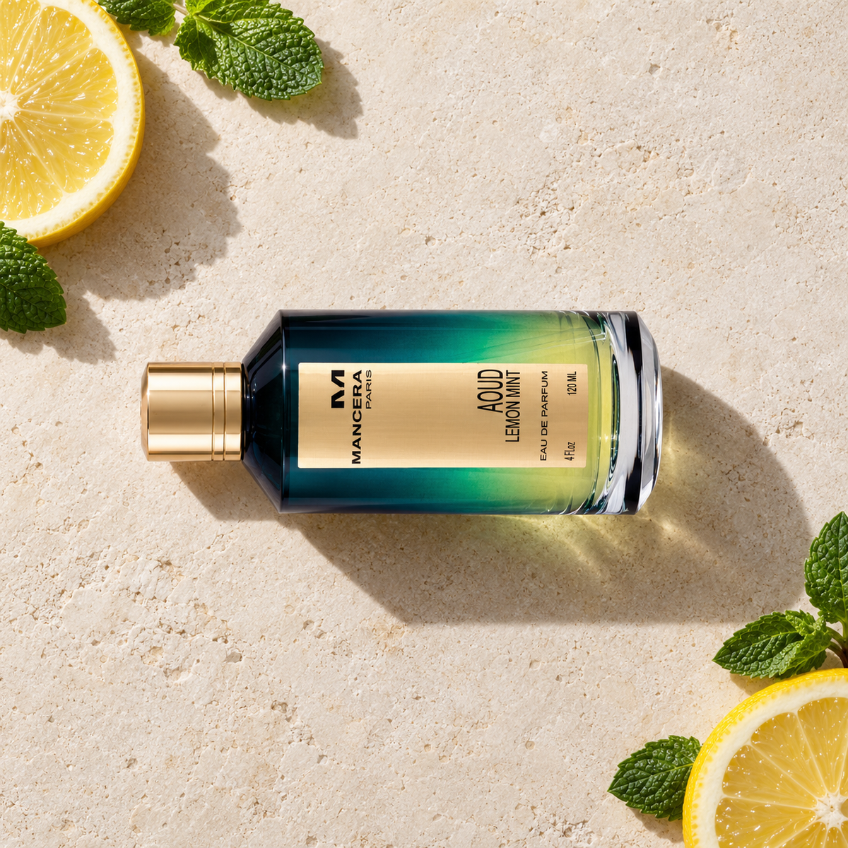 MANCERA Aoud Lemon Mint 120 ml – parfém v prostředí, pohled shora s bočním stínem