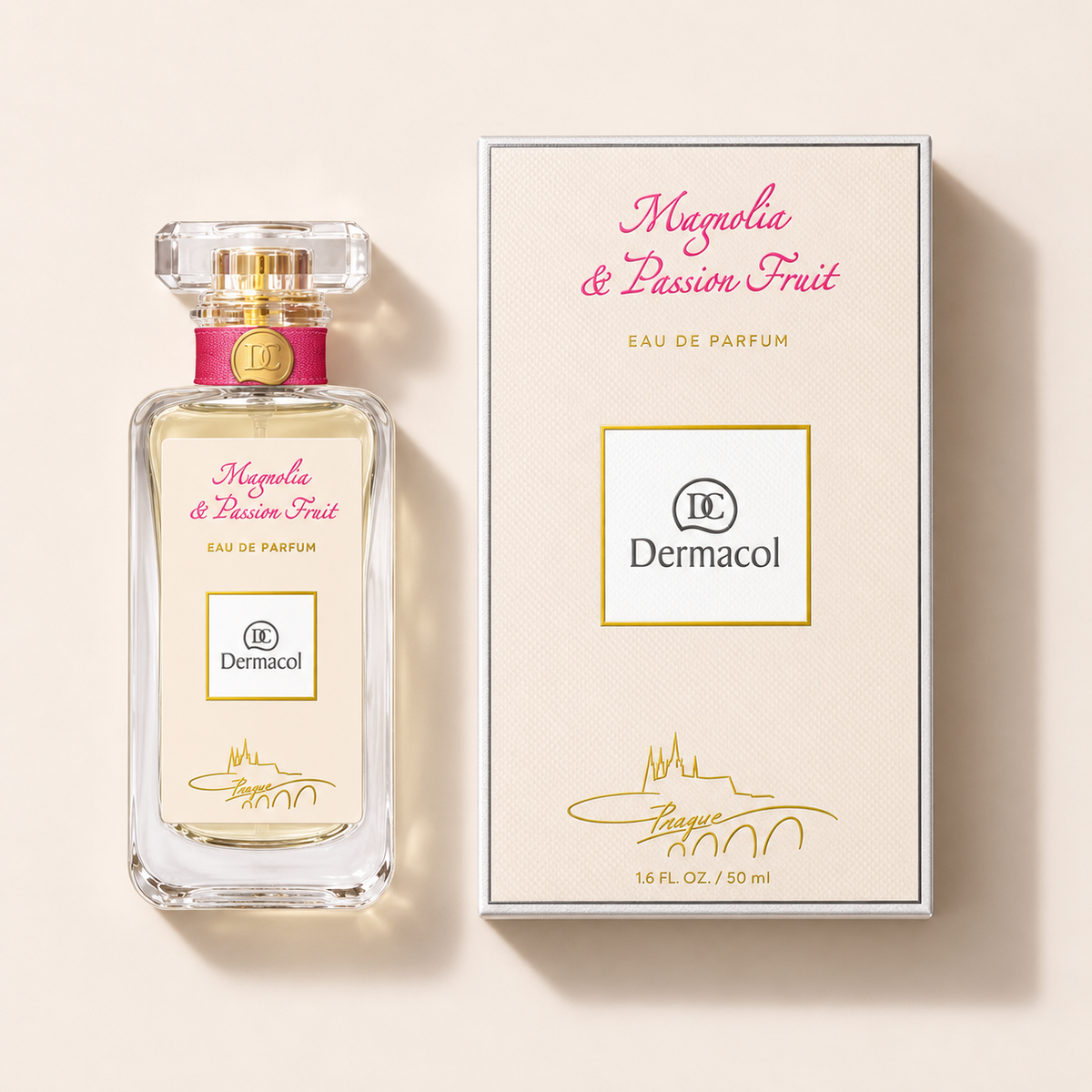Dermacol Magnolia & Passion Fruit EDP 50 ml – flakon s originálním obalem na béžovém pozadí, pohled shora