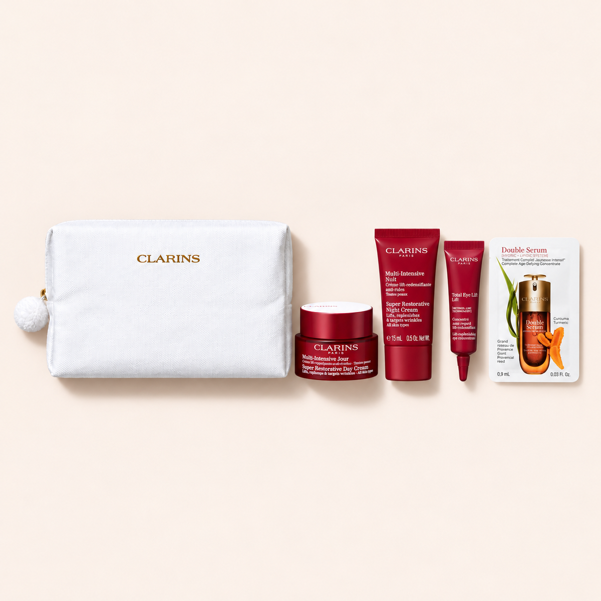 Clarins Super Restorative denní krém 50 ml, noční péče 15 ml, Total Eye Lift 7 ml, Double Serum 0,9 ml a taštička, dárková sada – MrRizz