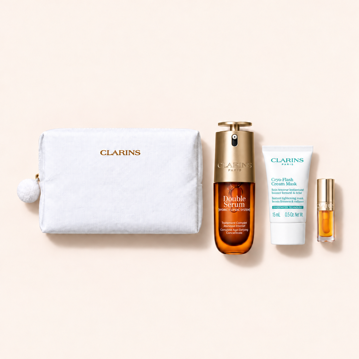 Clarins Double Serum 50 ml, Cryo-Flash maska 15 ml, Lip Comfort Oil Honey 1,4 ml a kosmetická taštička, dárková sada – MrRizz