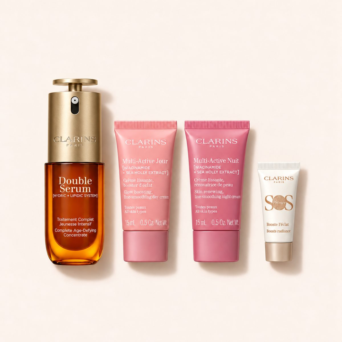 Clarins Double Serum 50 ml, Multi-Active denní a noční péče 2×15 ml a SOS Primer 5 ml, dárková sada – MrRizz