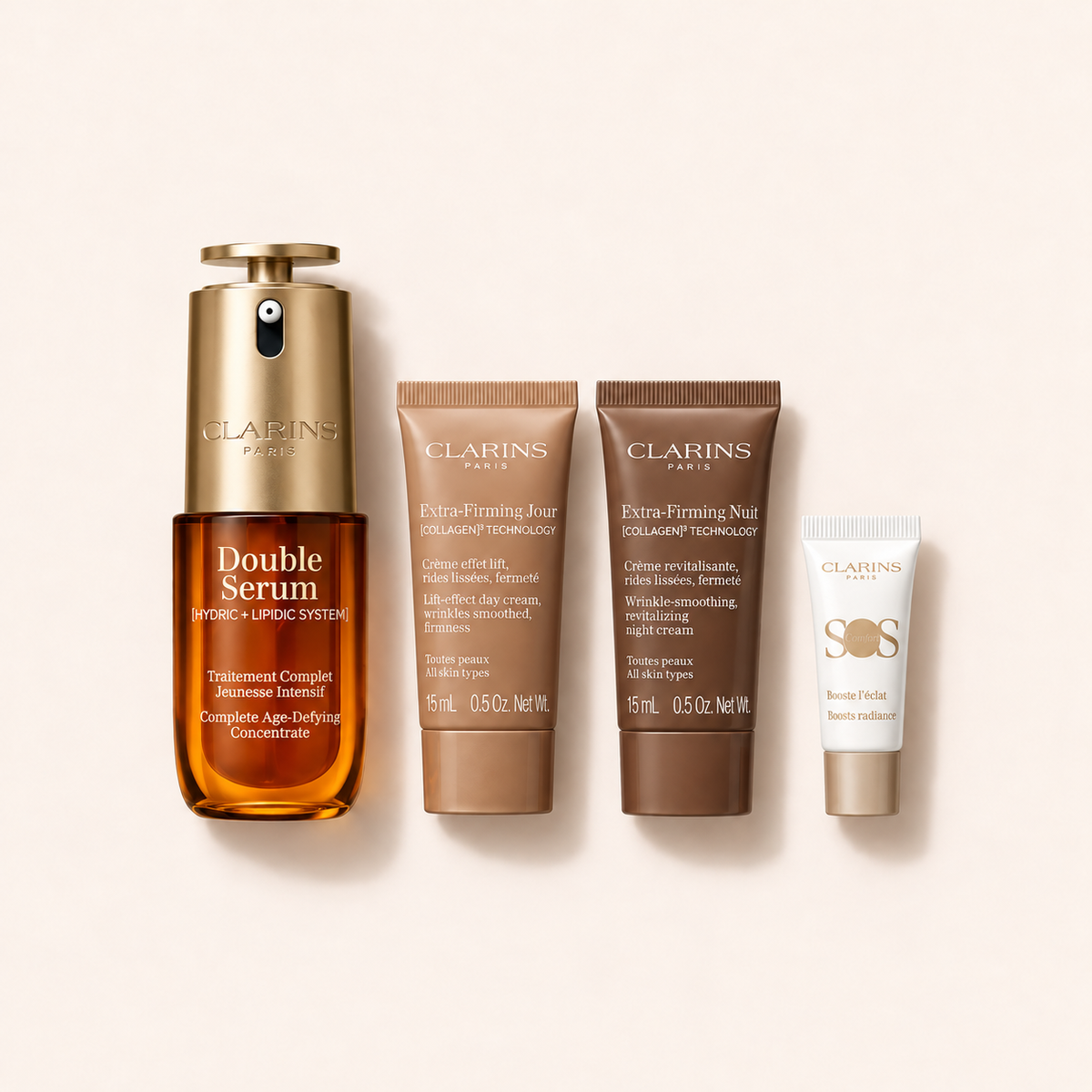 Clarins Double Serum 50 ml, Extra-Firming denní a noční péče 2×15 ml a SOS Primer 5 ml, dárková sada – MrRizz